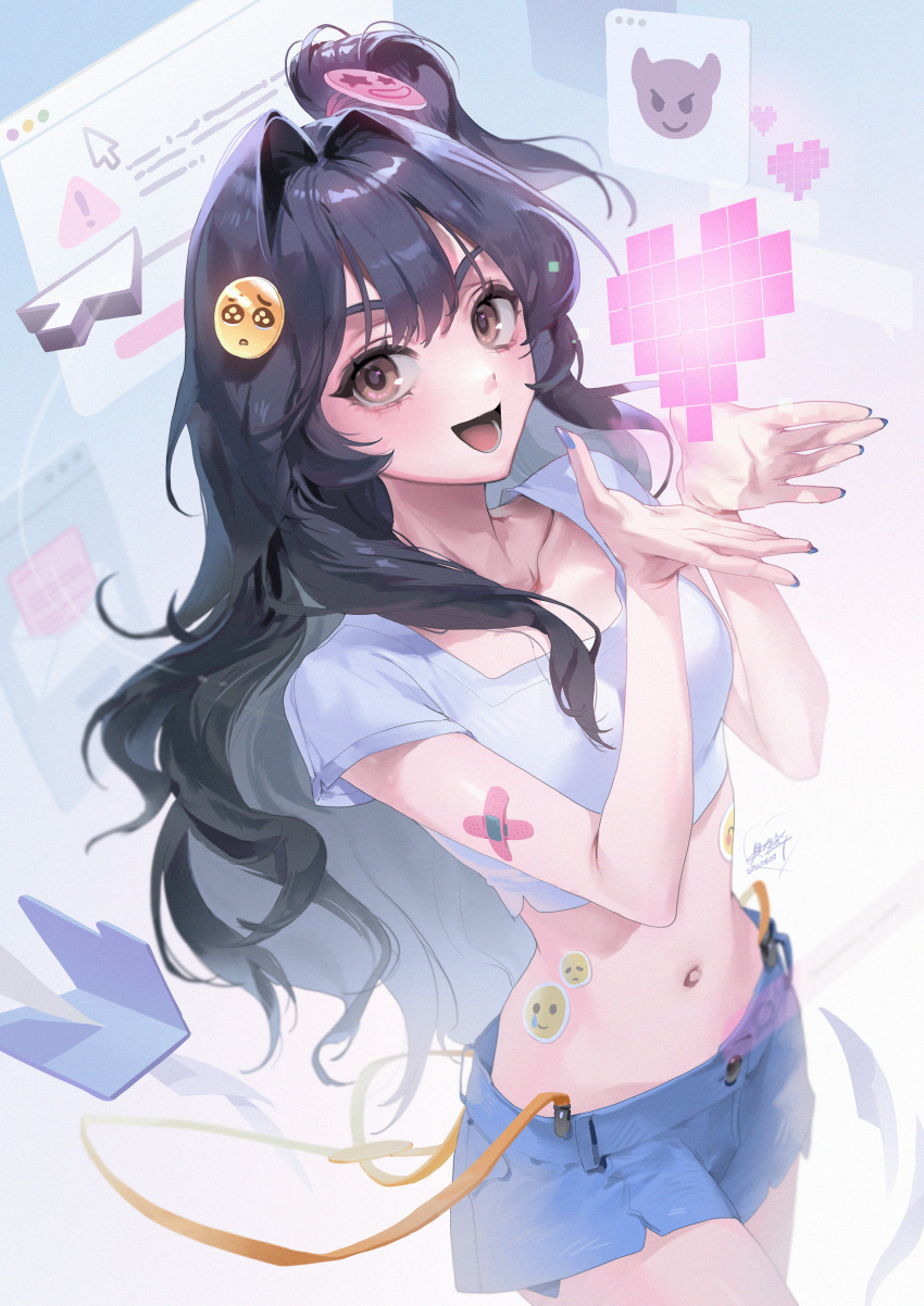 1girl absurdres baekryang bandaid black_hair blue_nails blush brown_eyes crop_top curly_hair cursor emoji eyelashes hair_intakes heart highres long_hair looking_at_viewer midriff nail_polish navel one_side_up open_mouth original pixel_heart pleading_face_emoji shirt short_shorts shorts solo sticker upper_body window_(computing)