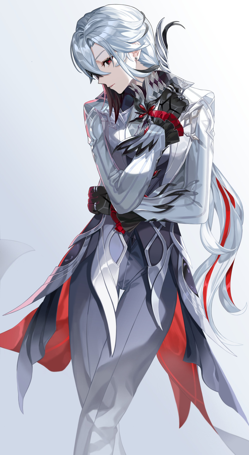 1girl absurdres arlecchino_(genshin_impact) black_eyes black_hands coat crossed_legs ear_piercing foot_out_of_frame genshin_impact grey_background grey_pants highres jewelry long_hair looking_at_viewer multicolored_hair multiple_rings pants parted_lips piercing red_pupils reki_(user_rcrd4534) ring self_hug solo streaked_hair symbol-shaped_pupils tailcoat thigh_gap turning_head white_coat white_hair x-shaped_pupils