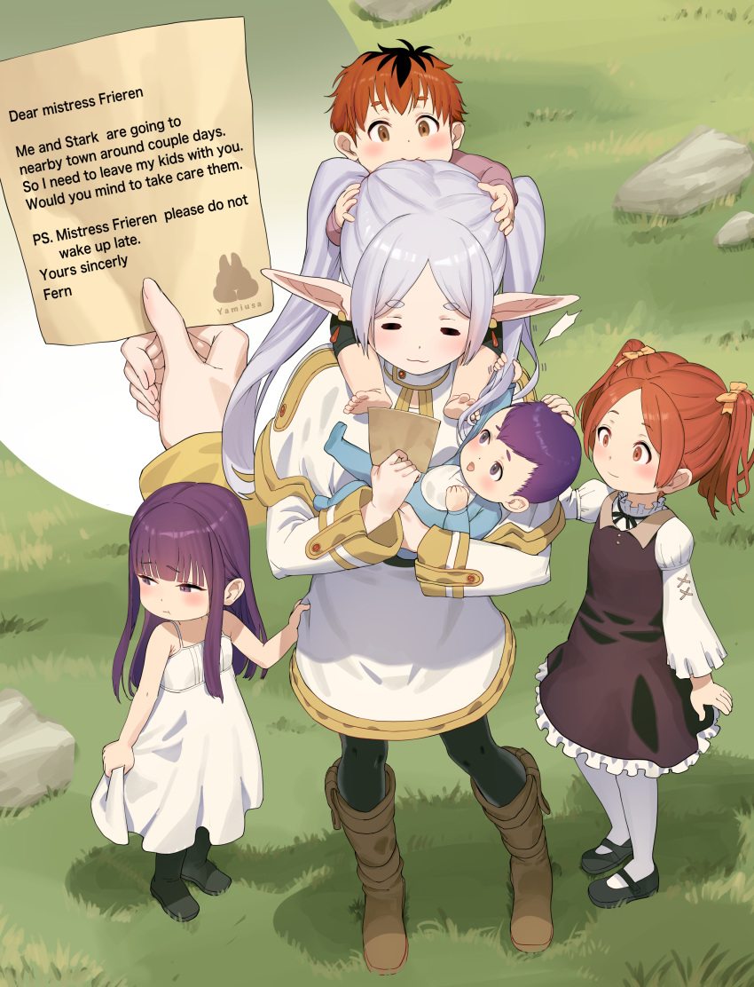 2boys 3girls :3 =_= absurdres artist_logo artist_name baby blush boots capelet dress elf english_text frieren hand_on_another's_head highres holding holding_baby holding_paper long_hair looking_at_another multiple_boys multiple_girls note pantyhose paper pointy_ears purple_hair reading red_hair short_hair sinad_aruatjanapat sousou_no_frieren standing twintails white_hair