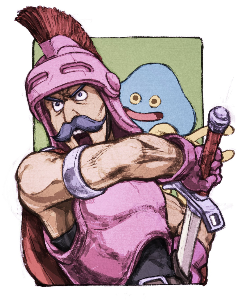 1boy border commentary_request dragon_quest dragon_quest_iv facial_hair green_background helmet highres holding holding_sword holding_weapon iwamoto_tatsurou male_focus mature_male muscular muscular_male mustache open_mouth outside_border pink_helmet ryan_(dq4) simple_background slime_(dragon_quest) solo sword upper_body v-shaped_eyebrows weapon white_border