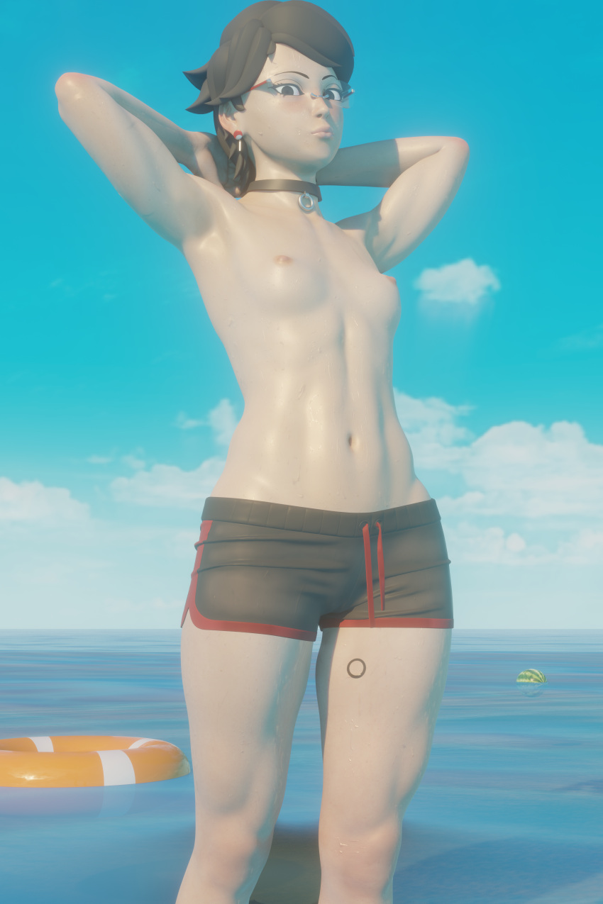 1girl 3d absurdres armpits arms_behind_head arms_up beach black_eyes black_hair black_shorts blue_sky blush boruto:_two_blue_vortex breasts day earrings food fruit glasses highres horizon jewelry leg_tattoo looking_at_viewer navel nipples nude ocean outdoors self-upload short_hair short_shorts shorts sky small_breasts solo stomach sweat swim_ring tattoo thighs tomboy topless uchiha_sarada valenok water water_drop watermelon wet wet_clothes