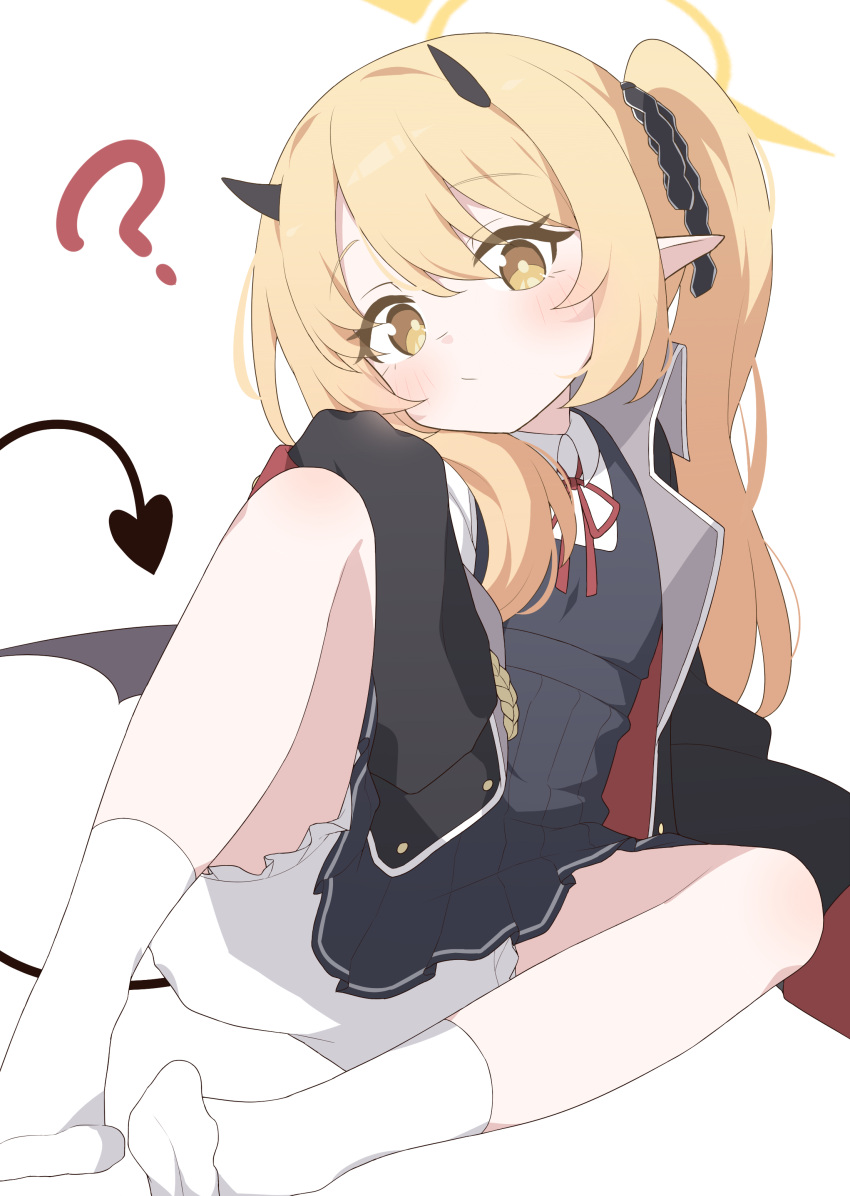 1girl ? absurdres black_dress black_horns black_tail black_wings blonde_hair bloomers blue_archive blush closed_mouth collared_shirt demon_horns demon_tail demon_wings dress hagoonha halo highres horns ibuki_(blue_archive) long_hair long_sleeves looking_at_viewer neck_ribbon pinafore_dress pointy_ears red_ribbon ribbon shirt simple_background sleeveless sleeveless_dress socks solo tail white_background white_bloomers white_shirt white_socks wings yellow_eyes yellow_halo