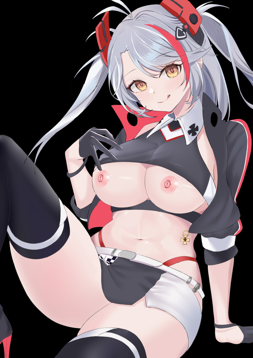 1girl absurdres anchor_symbol azur_lane belt black_background breasts checkered_flag clothes_lift clothing_cutout cropped_shirt cross flag gloves grey_hair half_gloves highres hxk8732 iron_cross large_breasts looking_at_viewer miniskirt multicolored_hair nipples official_alternate_costume panties panty_straps prinz_eugen_(azur_lane) prinz_eugen_(final_lap)_(azur_lane) race_queen red_panties shirt_lift simple_background skirt streaked_hair thighhighs thighs tongue tongue_out underboob underboob_cutout underwear white_belt yellow_eyes