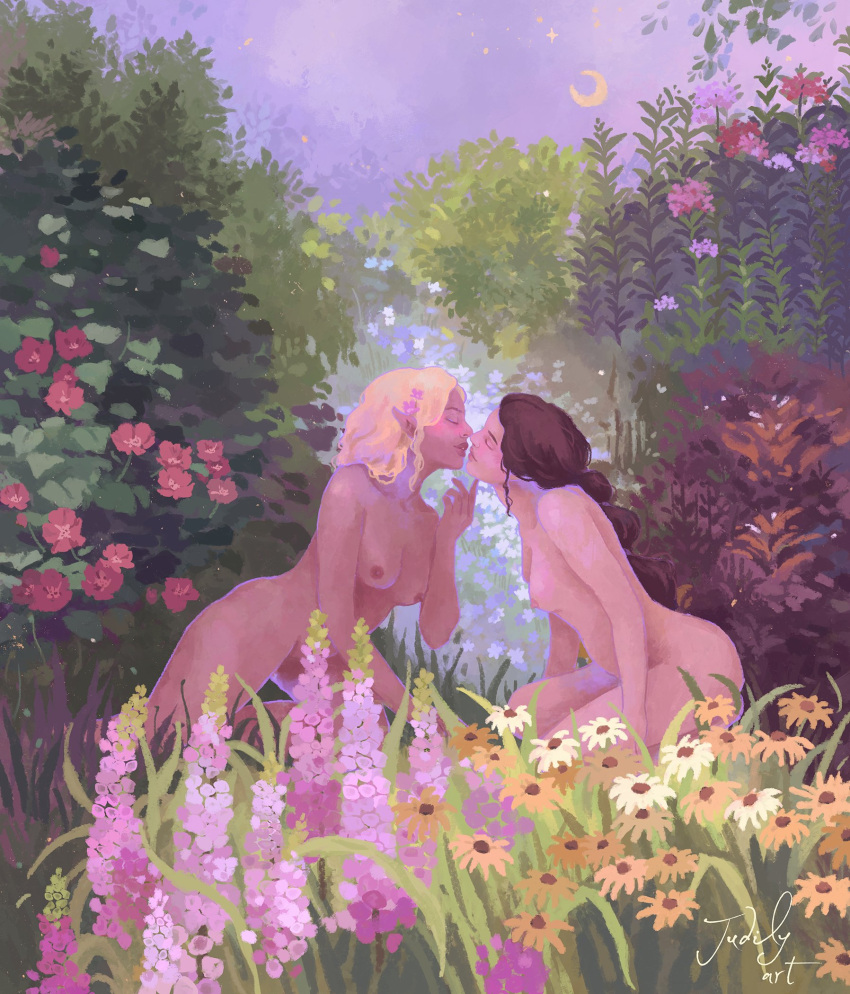 2girls blonde_hair breasts brown_hair bush closed_eyes completely_nude crescent_moon flower full_body garden grass hand_on_another's_chin highres imminent_kiss judily_art moon multiple_girls night nude original outdoors seiza signature sitting sky star_(sky) starry_sky yuri