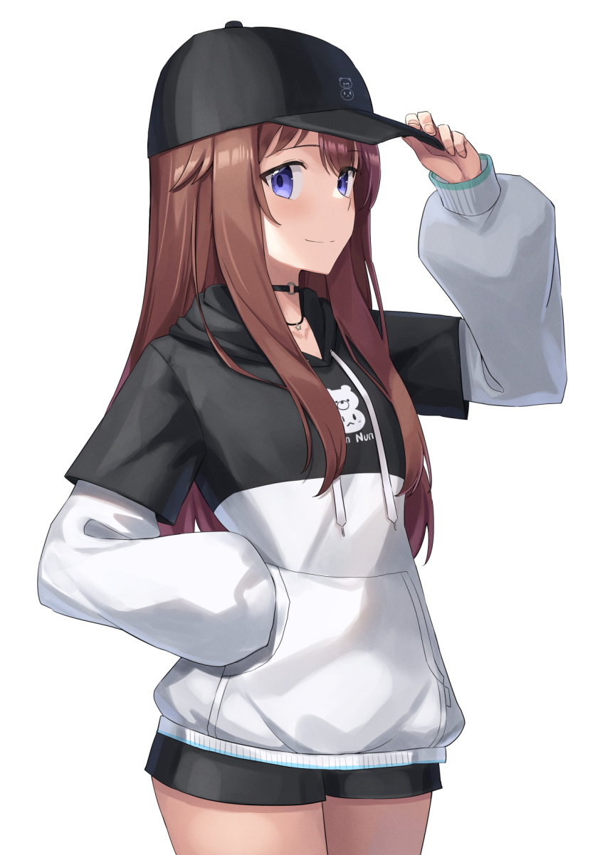 1girl baseball_cap black_choker black_hat black_hoodie blue_eyes brown_hair choker cowboy_shot drawstring hat highres hololive hood hoodie layered_sleeves light_smile long_hair long_sleeves looking_at_viewer o-ring o-ring_choker short_over_long_sleeves short_shorts short_sleeves shorts simple_background solo tokino_sora tokino_sora_(streetwear) two-tone_hoodie vakuuberi virtual_youtuber white_background white_hoodie