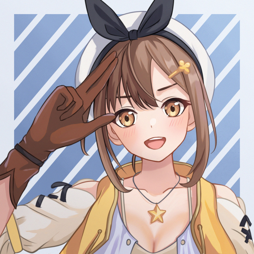 1girl atelier_(series) atelier_ryza atelier_ryza_1 beret black_bow blue_background bow breasts brown_eyes brown_gloves brown_hair chunjiu cleavage collarbone dot_nose gloves hair_ornament hairclip hand_up hat hat_bow highres jacket jewelry large_breasts light_blush looking_at_viewer necklace open_clothes open_jacket open_mouth portrait reisalin_stout salute shirt short_hair_with_long_locks short_sleeves simple_background sleeveless sleeveless_jacket spaghetti_strap star_(symbol) star_necklace teeth two-finger_salute two-tone_background upper_teeth_only white_background white_hat white_shirt yellow_jacket