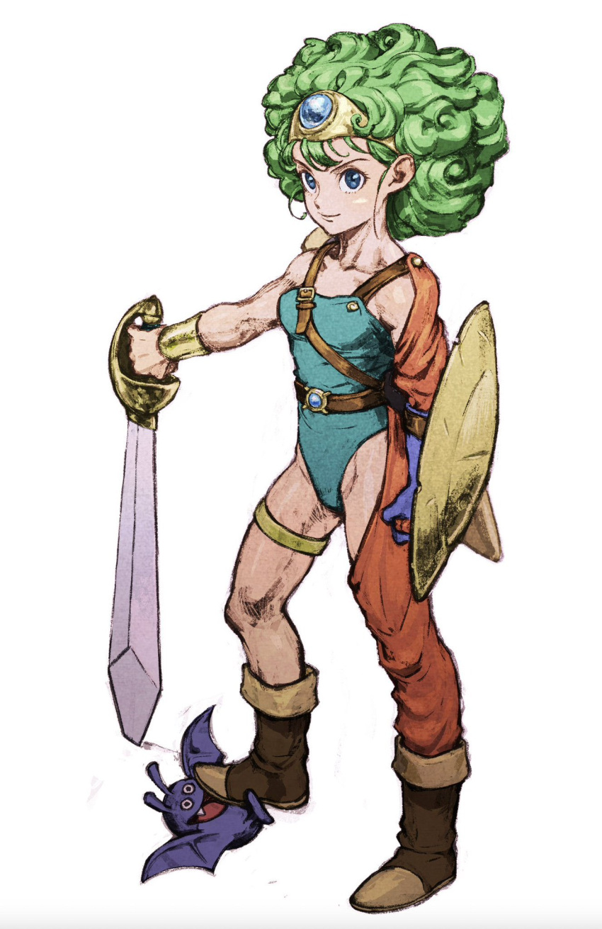 1girl belt blue_eyes blue_gloves blue_leotard boots brown_footwear closed_mouth commentary_request dracky dragon_quest dragon_quest_iv full_body gloves green_hair heroine_(dq4) highres holding holding_shield holding_sword holding_weapon iwamoto_tatsurou leotard medium_hair shield simple_background single_glove smile solo standing stepped_on sword thighlet weapon white_background