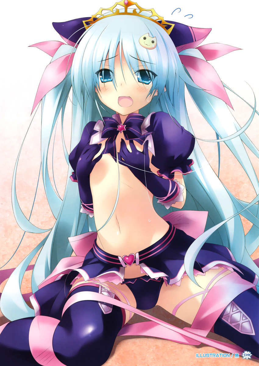 absurdres animal_ears artist_name bangs blue_eyes blue_gloves blue_hair blue_legwear blue_panties blush bow cat_ears cat_hair_ornament covering covering_breasts crop_top crown d: elbow_gloves embarrassed entangled eyes_visible_through_hair flat_chest flying_sweatdrops frilled_panties frilled_skirt frills gloves gradient gradient_background hair_ornament hair_ribbon half-skirt heart hexagram highres hoshizaki_mei looking_at_viewer magical_girl midriff miniskirt navel no_bra open_mouth panties puffy_short_sleeves puffy_sleeves ribbon sakana scan shadow short_sleeves sitting skirt spread_legs sweat thighhighs turtleneck two_side_up underwear wariza yumekoi