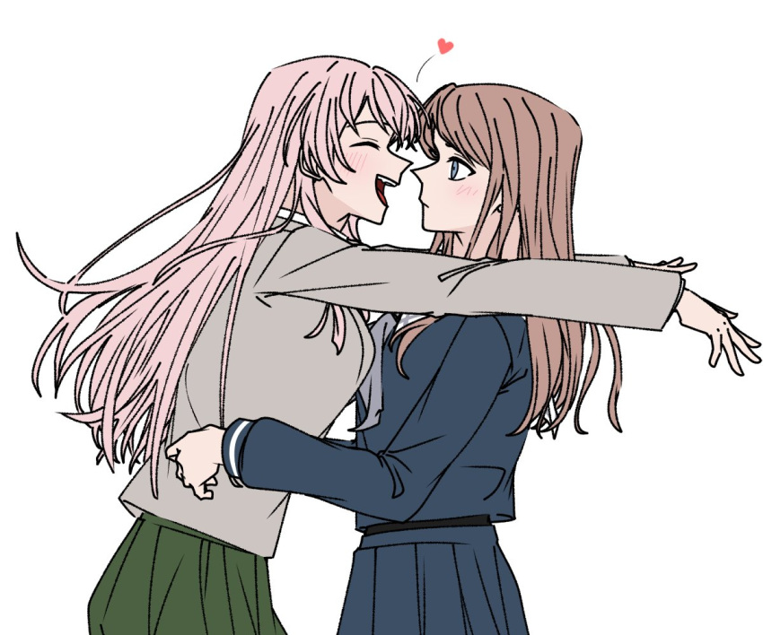 2girls ^_^ a_jak bang_dream! bang_dream!_it's_mygo!!!!! blue_eyes blue_serafuku blue_shirt blue_skirt blush breasts chihaya_anon closed_eyes closed_mouth commentary_request green_skirt grey_jacket grey_neckerchief haneoka_school_uniform heart hug jacket korean_commentary long_hair long_sleeves looking_at_another medium_breasts multiple_girls nagasaki_soyo neckerchief open_mouth pink_hair pleated_skirt sailor_collar school_uniform serafuku shirt sidelocks simple_background skirt teeth tsukinomori_school_uniform upper_teeth_only white_sailor_collar yuri