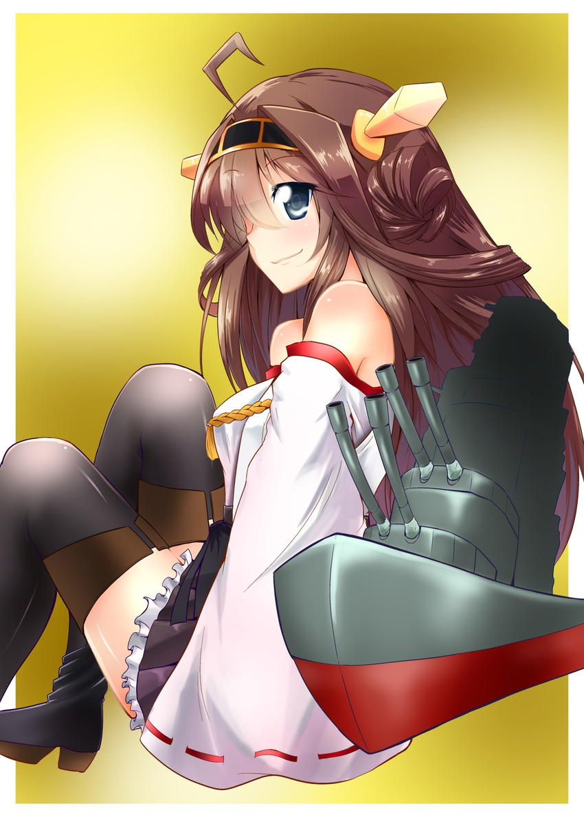 ahoge blue_eyes boat brown_hair chipa_(arutana) detached_sleeves hairband highres japanese_clothes kantai_collection kongou_(kantai_collection) machinery sitting solo thighhighs turret watercraft