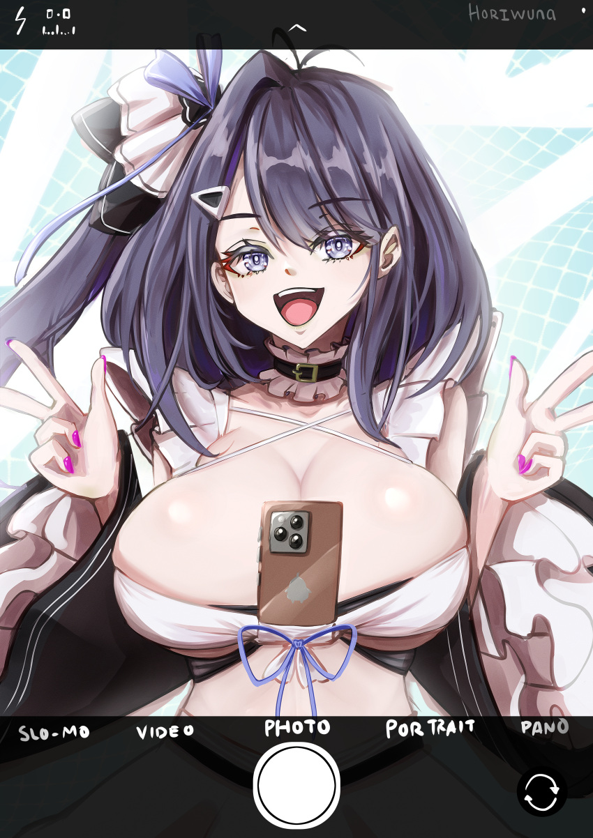1girl absurdres artist_name azur_lane blue_eyes breasts cleavage detached_collar detached_sleeves double_w fake_phone_screenshot fake_screenshot frilled_sleeves frills highres large_breasts liverpool_(azur_lane) long_hair looking_at_viewer maid one_side_up open_mouth pink_nails purple_hair selfie smile solo swept_bangs upper_body w wunahori