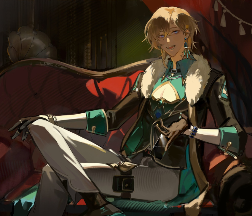 1boy aqua_shirt aventurine_(honkai:_star_rail) black_gloves black_jacket blonde_hair bracelet clothing_cutout collared_shirt couch earrings fur_trim gloves hair_between_eyes highres honkai:_star_rail honkai_(series) hsgbjisuw indoors jacket jewelry looking_at_viewer male_focus on_couch open_mouth pants pectoral_cleavage pectorals ring shirt short_hair sitting solo white_pants