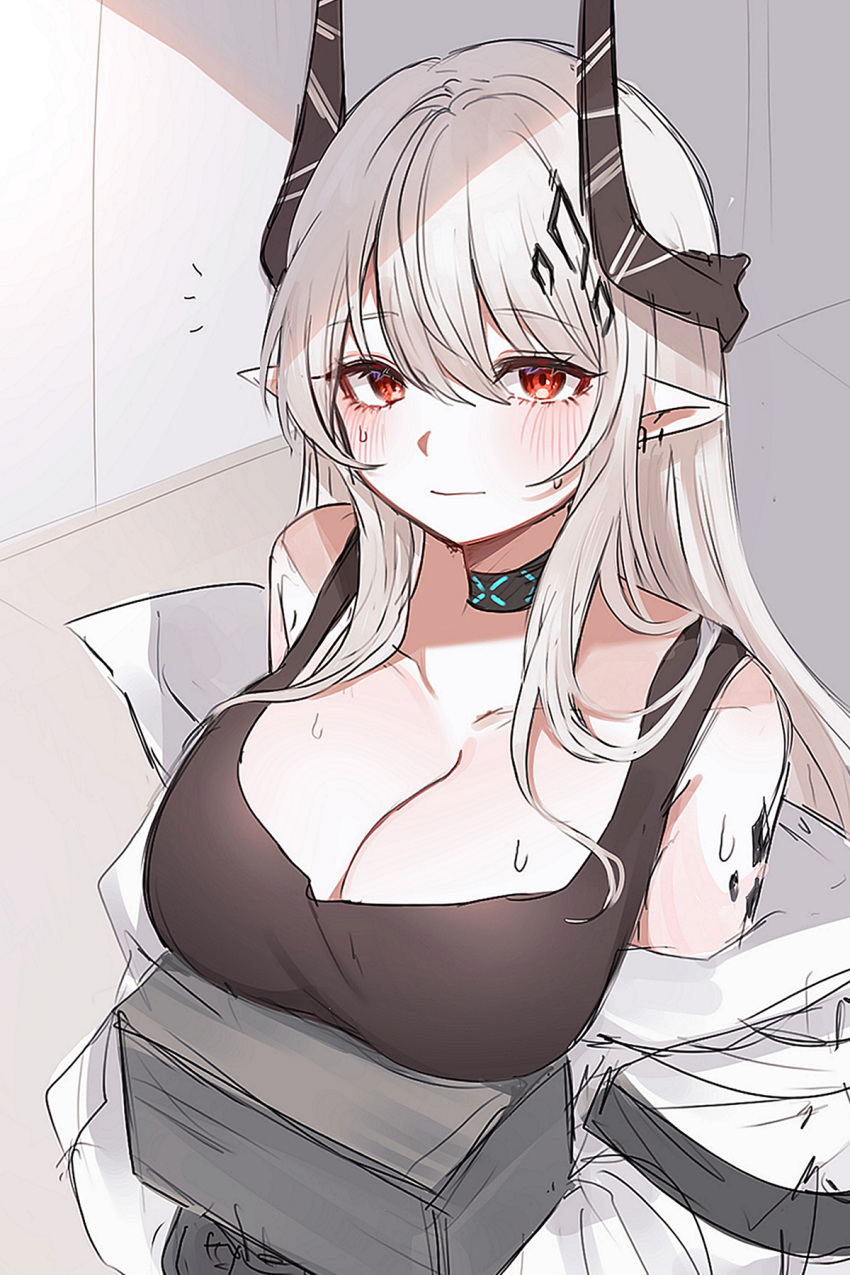 1girl arknights bare_shoulders blush breasts cleavage hammer highres holding horns hyeroin large_breasts long_hair looking_at_viewer material_growth mudrock_(arknights) oripathy_lesion_(arknights) pointy_ears red_eyes solo sweat white_hair