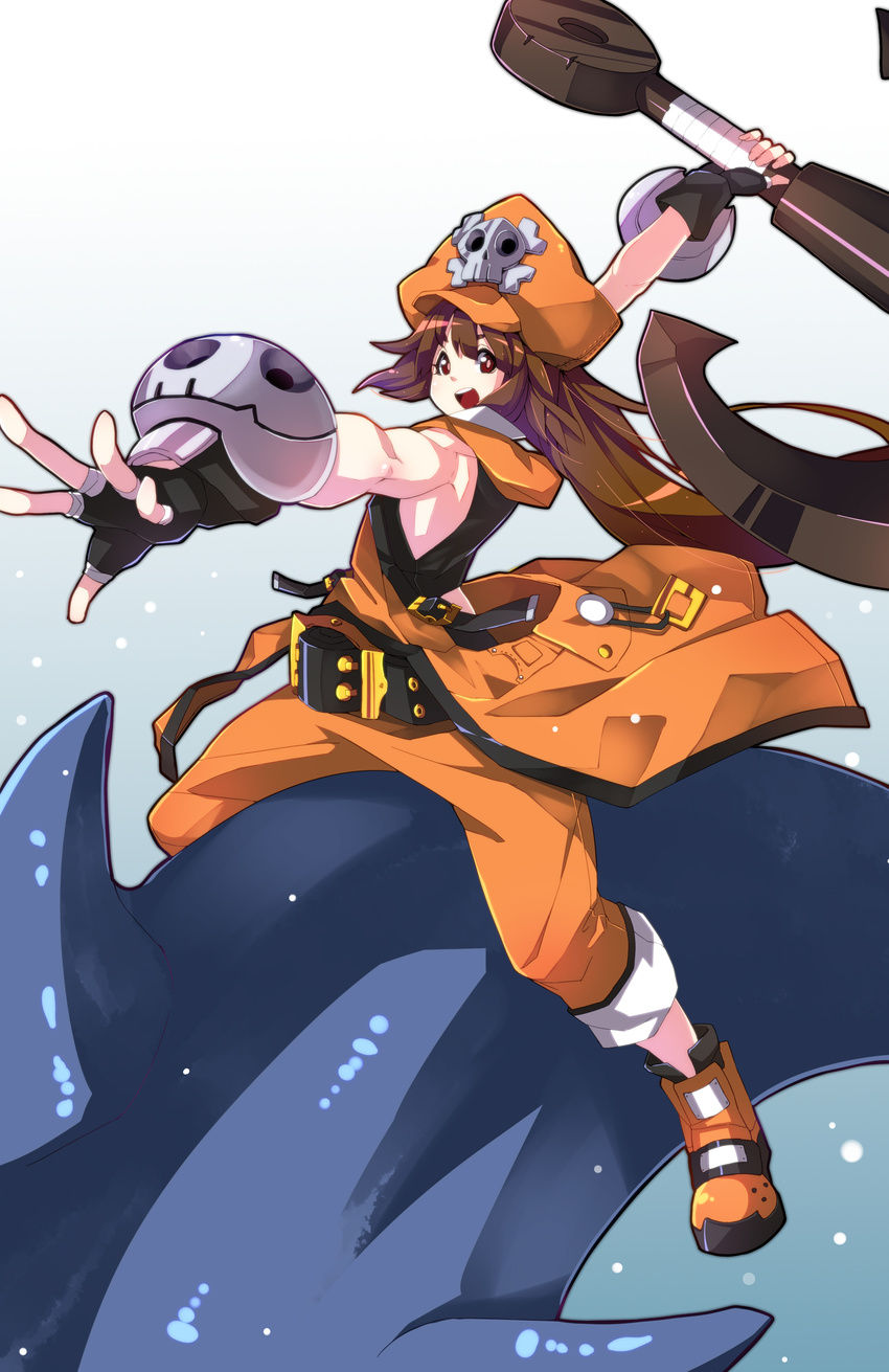 absurdres anchor ankle_boots bare_shoulders belt boots brown_eyes brown_hair dolphin fingerless_gloves gloves guilty_gear guilty_gear_xrd hat highres jolly_roger long_hair makai may_(guilty_gear) orange_hat outstretched_arm pants pants_rolled_up pirate_hat riding skull skull_and_crossbones solo studded_belt weapon