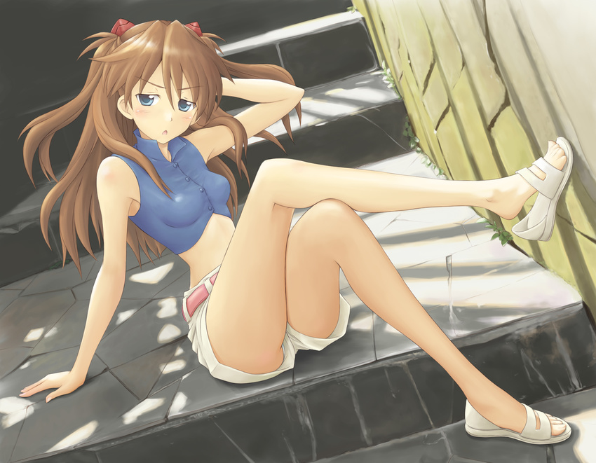 angry annoyed arm_support bare_legs bare_shoulders belt blue_eyes crossed_legs dutch_angle feet hand_behind_head highres impossible_clothes impossible_shirt legs long_hair midriff neon_genesis_evangelion red_hair sandals satogo shirt shoe_dangle shoes shorts sitting sitting_on_stairs solo souryuu_asuka_langley stairs