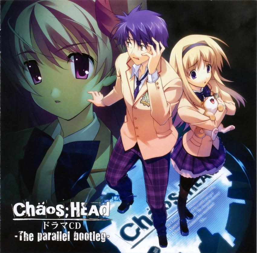 2girls album_cover artist_request blonde_hair blue_hair bow chaos;head cover hairband highres holding hug long_hair multiple_girls necktie nervous nishijou_nanami nishijou_takumi pantyhose pink_eyes plaid purple_eyes sakihata_rimi scan short_hair skirt