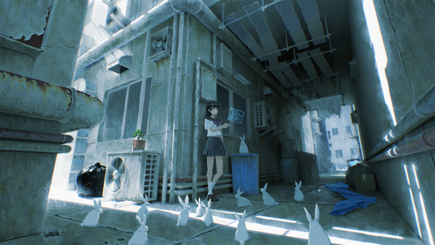 1girl absurdres alley alternate_costume black_eyes black_hair black_sailor_collar black_shoes black_skirt bonsai bow bowtie closed_mouth commentary_request condenser_unit crack_of_light expressionless fujidora_jp hair_ornament hairclip hand_up heel_up highres holographic_interface index_finger_raised industrial_pipe loafers long_hair looking_ahead nijisanji outdoors plant pleated_skirt potted_plant purple_bow purple_bowtie rabbit sailor_collar scenery school_uniform serafuku shirt shoes skirt socks solo standing too_many too_many_rabbits trash_can tsukino_mito urban virtual_youtuber white_rabbit_(animal) white_shirt white_socks wide_shot