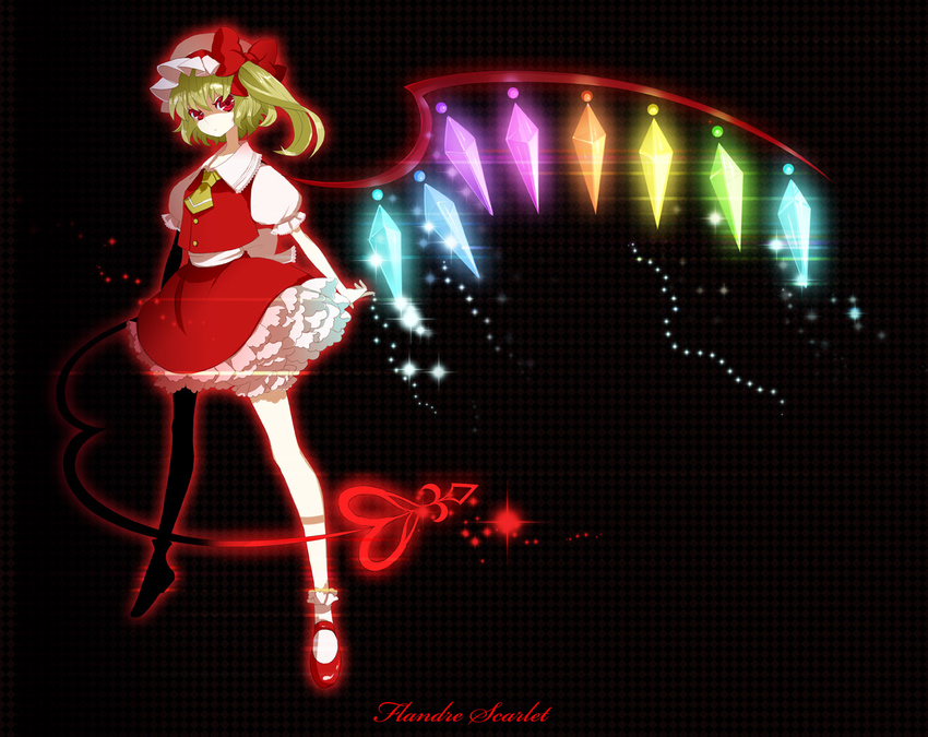 black_background blonde_hair bloomers bow character_name crystal flandre_scarlet frills glowing hat laevatein mami_(apsaras) mary_janes one_side_up rainbow_order red_eyes red_skirt shoes skirt socks solo touhou underwear white_bloomers wings