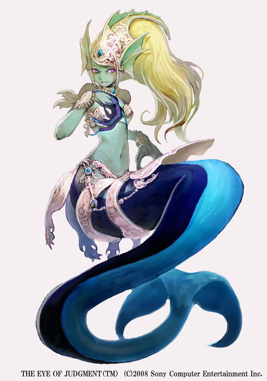 2008 absurdres armor barding bikini_armor bikini_top blonde_hair copyright_name green_skin head_fins helmet highres jewelry long_hair looking_at_viewer mermaid midriff monster_girl navel open_mouth purple_eyes saitou_shunsuke simple_background smile solo the_eye_of_judgement