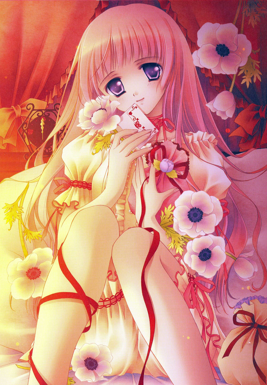 absurdres bed blush copyright_request flower highres long_hair nishiwaki_yuuri pink_hair purple_eyes scan smile solo