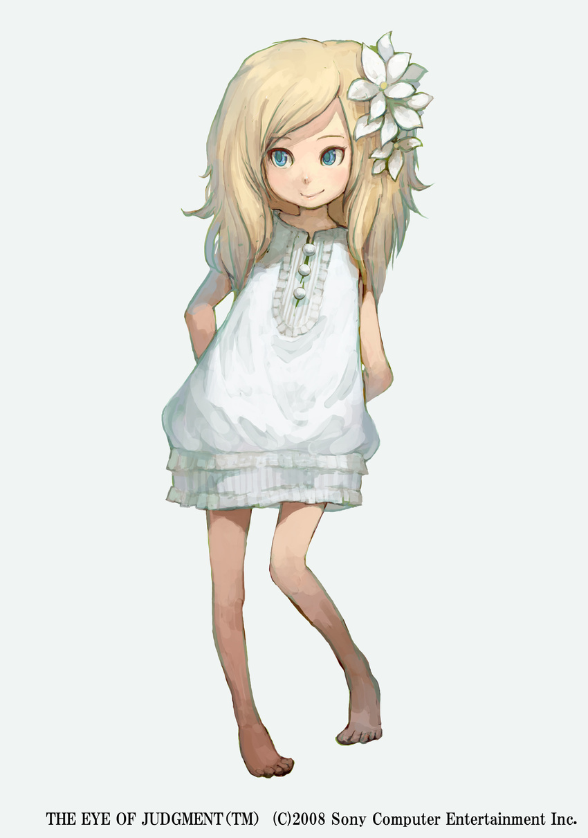 2008 absurdres arms_behind_back barefoot blonde_hair blue_eyes child dress flower full_body hair_flower hair_ornament highres long_hair looking_away saitou_shunsuke simple_background smile solo standing the_eye_of_judgement watermark white_background white_dress