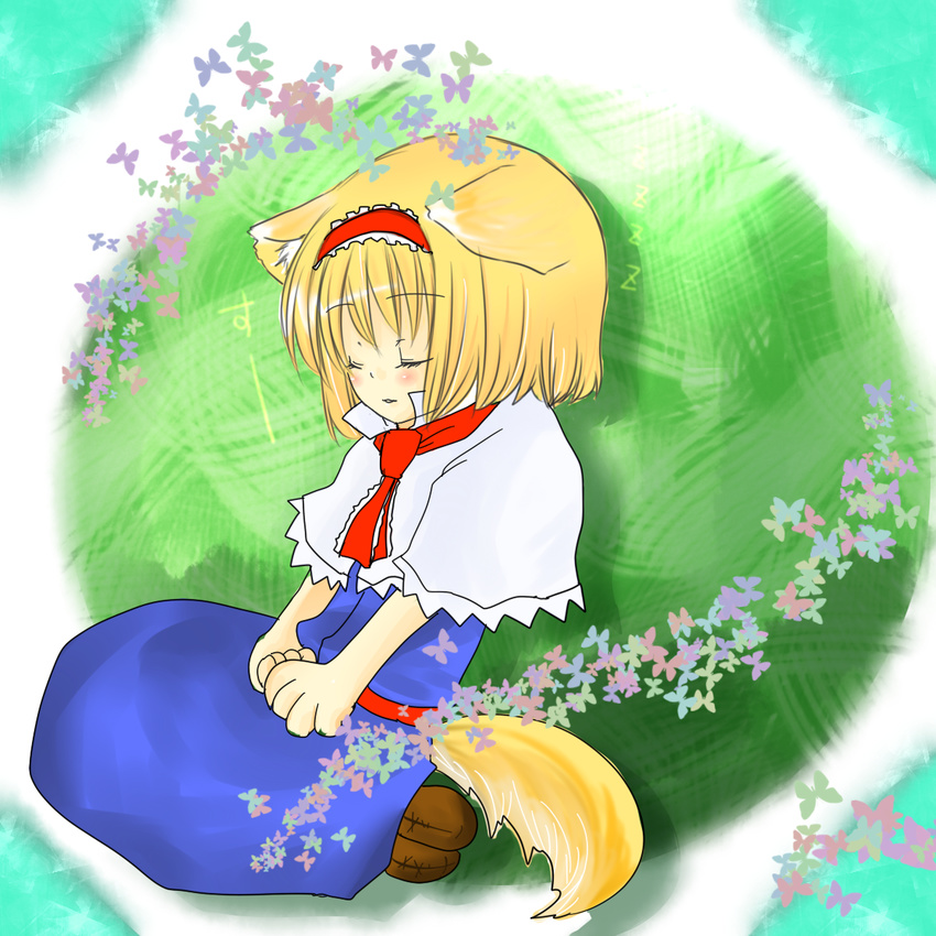 alice_margatroid animal_ears bad_id bad_pixiv_id blonde_hair closed_eyes dog_ears highres paws sleeping solo tail touhou yjy