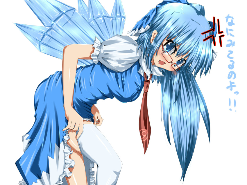 1girl adjusting_clothes adjusting_legwear alternate_hairstyle angry bad_id bad_pixiv_id bespectacled blue_eyes blue_hair blush bow breasts cirno cirno-nee dress glasses kantarou_(nurumayutei) long_hair medium_breasts necktie older open_mouth solo thighhighs touhou translated wings zettai_ryouiki