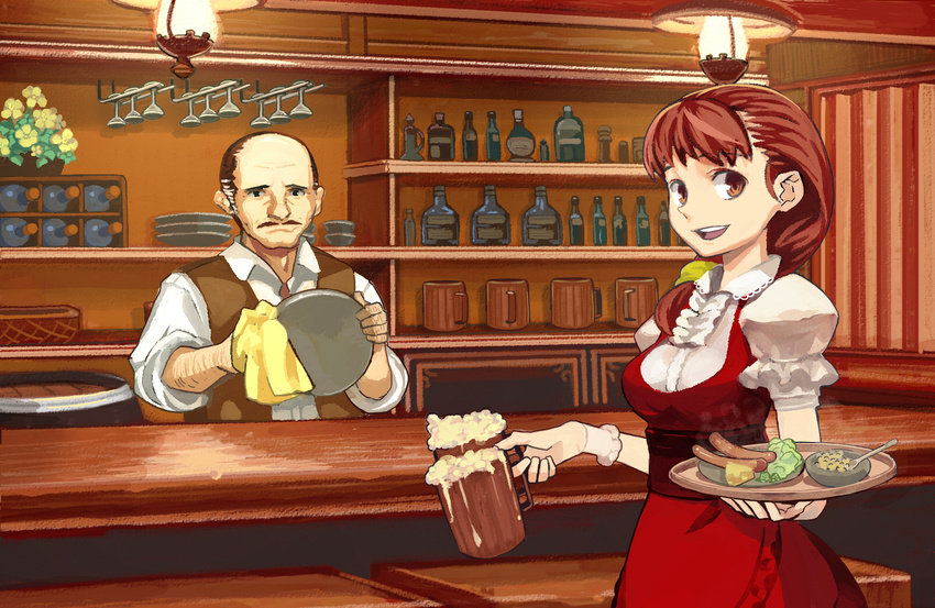 1girl alcohol bad_id bad_pixiv_id bald beer cardwirth food froth highres long_hair ryman waitress