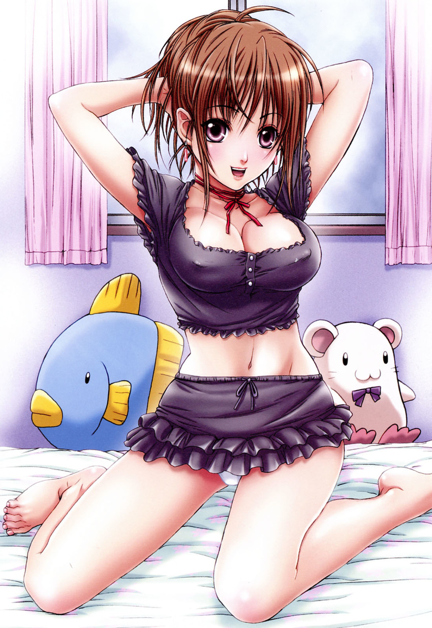 barefoot blush breasts brown_hair cleavage feet highres kneeling large_breasts midriff nanno_koto navel original panties pantyshot pink_eyes sitting skirt solo stuffed_animal stuffed_toy underwear wariza white_panties