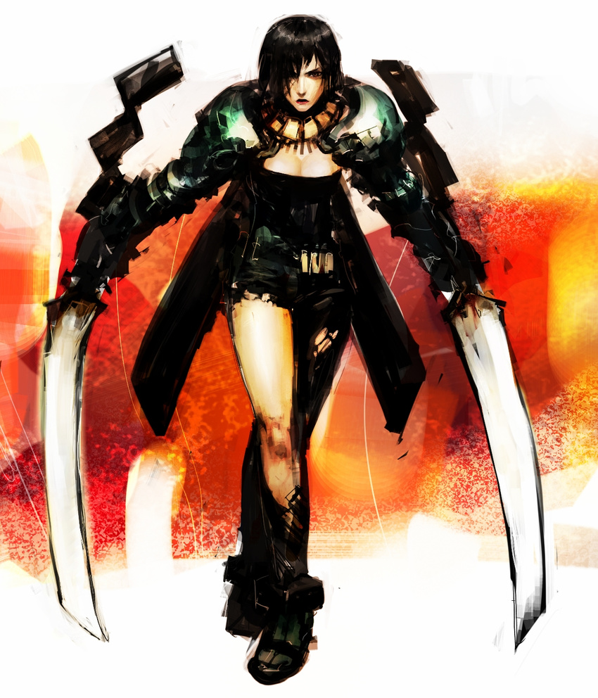 armor black_hair copyright_request dual_wielding highres holding scar short_hair solo sword tekkotsu_(tekkotz) weapon