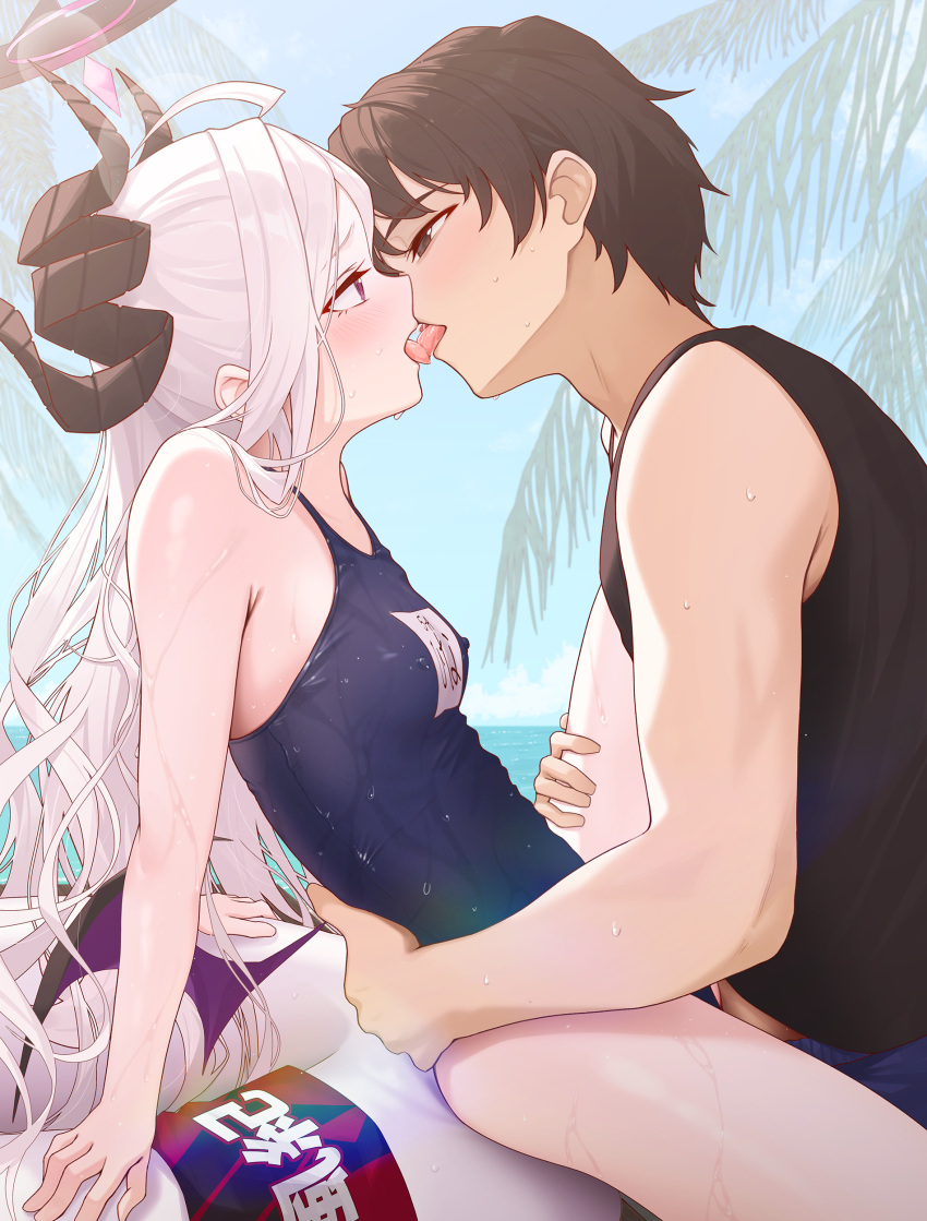 1boy 1girl absurdres bare_arms bare_shoulders black_hair blue_archive blue_sky blush breasts brown_hair collarbone couple day demon_horns eye_contact french_kiss from_side grey_hair hair_ornament halo hetero highres hina_(blue_archive) horns kiss large_breasts long_hair looking_at_another medium_breasts one-piece_swimsuit open_mouth outdoors purple_eyes school_swimsuit short_hair sky smile sweat swimsuit tongue tree very_long_hair white_hair yozora_(1wkdgusdn)