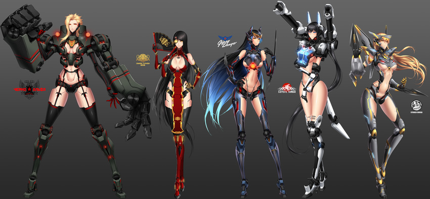 absurdres android arm_blade armor bad_id bad_pixiv_id black_hair blonde_hair blue_eyes blue_hair bodysuit breasts cannon character_name cherno_alpha cleavage cleavage_cutout coyote_tango crest crimson_typhoon cyborg extra_arms eyepatch fan folding_fan full_body gipsy_danger gradient gradient_background gradient_hair hand_on_hip headgear height_difference helmet highres large_breasts long_hair looking_at_viewer mecha mecha_musume mechanical_arm mechanical_arms mullet multicolored_hair multiple_girls pacific_rim personification power_suit red_eyes short_hair sideboob sigm@ striker_eureka thighhighs underboob very_long_hair visor weapon yellow_eyes