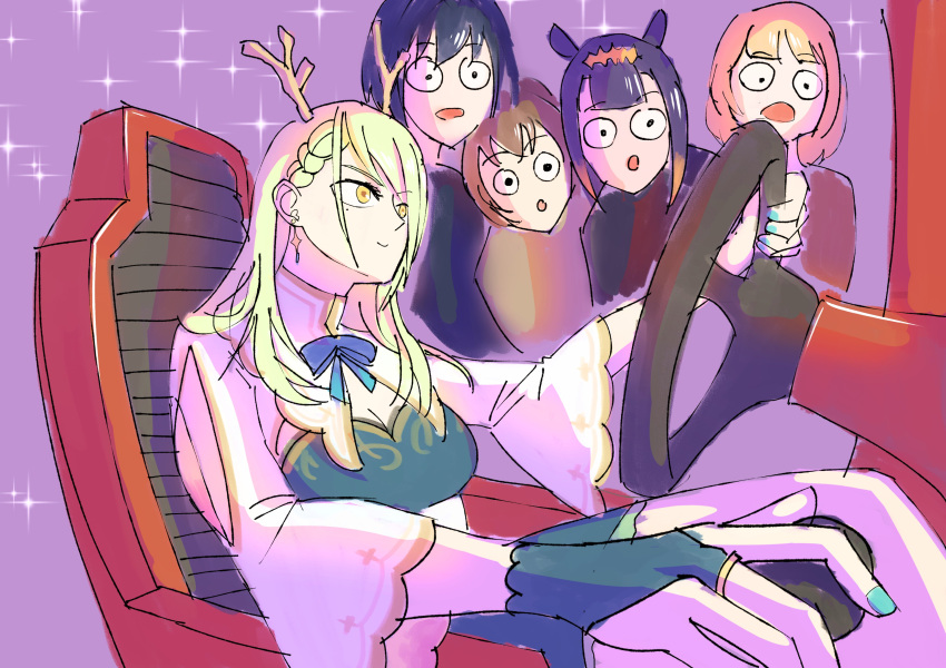 absurdres antlers blonde_hair blue_bow blue_bowtie bow bowtie ceres_fauna fingerless_gloves gloves highres horns mole mole_under_eye multiple_girls nanashi_mumei ninomae_ina'nis on_chair ouro_kronii playing_games steering_wheel surprised watching_television watson_amelia wide-eyed yellow_eyes zeon_(zzeeonn)