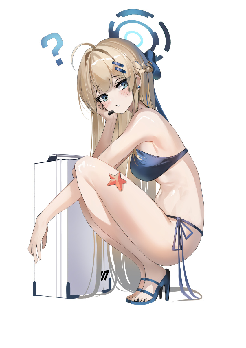 ? absurdres bikini blonde_hair blue_archive blue_eyes blush earrings from_side hair_ornament hair_ribbon hairclip halo hand_on_own_face high_heels highres jewelry microphone prothy ribbon side-tie_bikini_bottom single_earring squatting starfish swimsuit toki_(blue_archive)