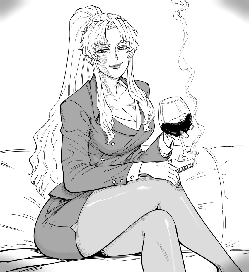 1girl absurdres balalaika_(black_lagoon) bb_(baalbuddy) black_lagoon breasts cigar commission crossed_legs cup drinking_glass formal highres holding holding_cigar jacket large_breasts long_hair monochrome pantyhose pencil_skirt scar scar_on_face skirt skirt_suit smile smoke solo suit wine_glass