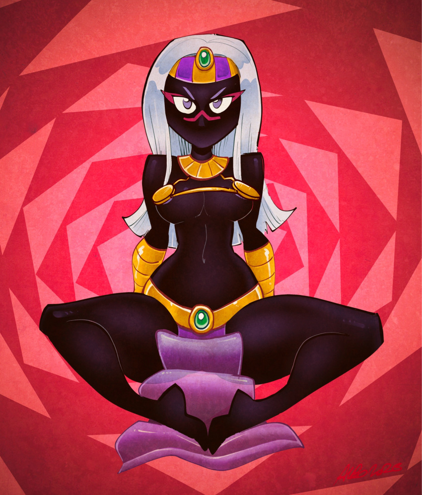 1girl albo black_skin breasts colored_skin commentary duck_dodgers egyptian_clothes english_commentary full_body highres large_breasts long_hair narrow_waist navel pelvic_curtain purple_eyes queen_tyr'ahnee signature solo thick_thighs thighs usekh_collar v-shaped_eyebrows white_hair