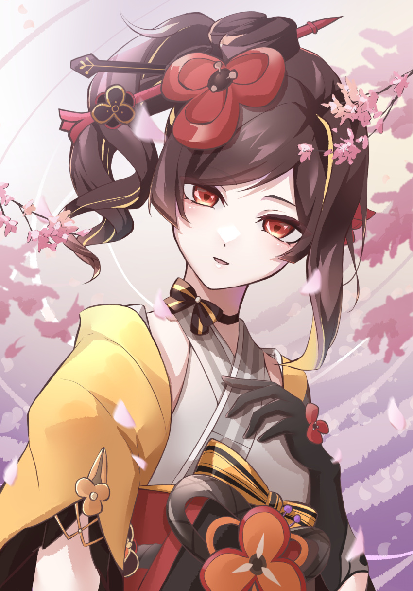 1girl absurdres asymmetrical_sidelocks cherry_blossoms chiori_(genshin_impact) choker drill_hair drill_ponytail gaiters genshin_impact grey_kimono hair_ornament hair_stick highres japanese_clothes kimono petals red_sash ribbon_choker sash short_kimono skirt solo thighhigh_gaiters thighhighs upper_body user_xhwz4458 yellow_skirt