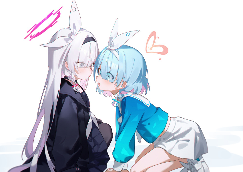 2girls absurdres all_fours arona_(blue_archive) black_coat black_pantyhose blue_archive blue_hair blue_shirt blush braid coat cropped_shirt eco_376124 eye_contact eyes_visible_through_hair facing_another grey_hair halo highres long_hair looking_at_another midriff multicolored_hair multiple_girls pantyhose pink_hair plana_(blue_archive) school_uniform serafuku shirt short_hair simple_background single_braid sitting skirt two-tone_hair very_long_hair white_background white_skirt