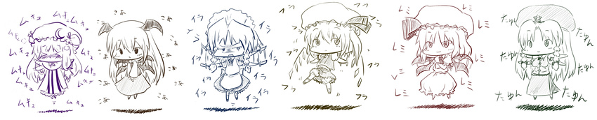 &gt;:) &gt;_&lt; :&lt; :d :o ^_^ absurdres annoyed apron bat_wings beret bloomers blush bouncing_breasts bow braid breast_envy breasts capelet check_commentary chibi china_dress chinese_clothes closed_eyes commentary_request crescent crossed_arms dress flandre_scarlet flapping floating fuugetsu_oreha_ikiru gloom_(expression) hair_ribbon hat hat_bow hat_ornament head_wings highres hong_meiling izayoi_sakuya knife koa_(phrase) koakuma long_hair long_image long_sleeves looking_at_another low-tied_long_hair maid maid_headdress medium_breasts mob_cap monochrome multiple_girls navel necktie open_mouth patchouli_knowledge remilia_scarlet ribbon short_hair short_sleeves side_ponytail side_slit sidelocks simple_background skirt skirt_set smile star striped striped_dress touhou translated tress_ribbon twin_braids underwear v-shaped_eyebrows v_arms vertical_stripes very_long_hair vest waist_apron waving_arms white_background wide_image wings
