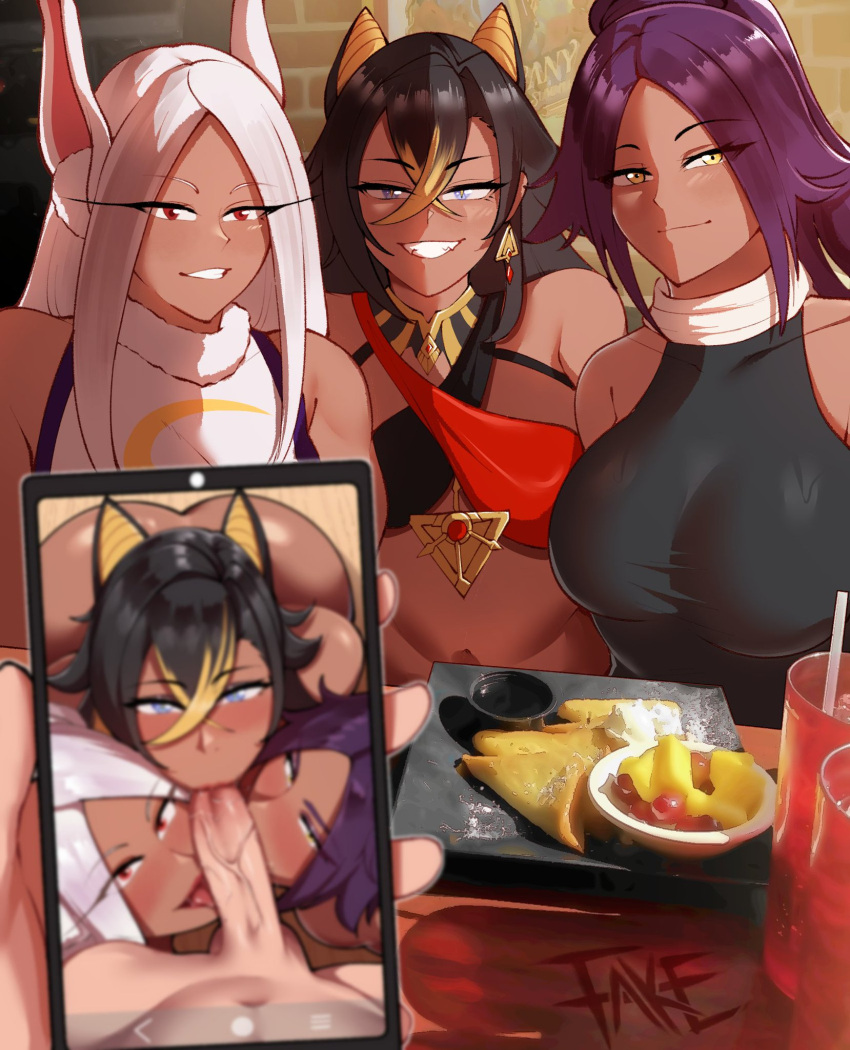 1boy 3girls ass black_hair bleach bleach:_sennen_kessen-hen blonde_hair blue_eyes boku_no_hero_academia cellphone commission cooperative_fellatio crossed_bangs crossover dark-skinned_female dark_skin dehya_(genshin_impact) erection fake_(lord_socar) fellatio food genshin_impact group_sex hair_between_eyes harem hetero highres holding holding_phone interracial kissing_penis large_penis licking licking_penis long_eyelashes long_hair looking_at_viewer mirko multicolored_hair multiple_girls oral penis phone ponytail pov purple_hair rabbit_girl second-party_source shihouin_yoruichi smile streaked_hair teamwork veins veiny_penis yellow_eyes