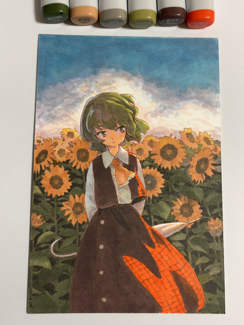 1girl arms_behind_back art_tools_in_frame ascot blue_sky buttons center_frills closed_mouth cloud collared_shirt commentary_request cowboy_shot flower frills green_hair highres holding holding_umbrella kazami_yuuka long_skirt long_sleeves looking_to_the_side marker marker_(medium) outdoors photo_(medium) plaid plaid_skirt plaid_vest red_eyes red_skirt red_vest shiratama_(hockey) shirt short_hair signature skirt sky solo standing sunflower touhou traditional_media umbrella vest wavy_hair white_shirt yellow_ascot