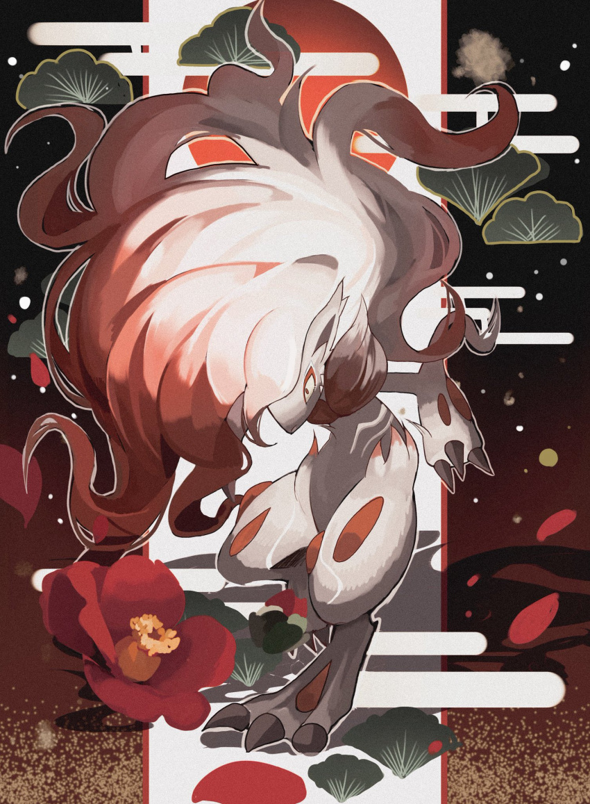 abstract_background animal_ears claws closed_mouth flower highres hisuian_zoroark outline pokemon pokemon_(creature) red_fur red_hair reo_(mmocc123) solo standing white_fur white_hair white_outline