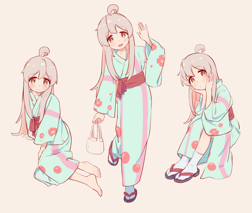 1girl :d ahoge bag barefoot blue_kimono chinese_commentary commentary_request feet floral_print full_body grey_hair hands_on_own_cheeks hands_on_own_face highres japanese_clothes kimono long_hair long_sleeves looking_at_viewer multicolored_hair multiple_views onii-chan_wa_oshimai! open_mouth oyama_mahiro pink_hair print_kimono sandals sash simple_background sitting smile socks standing two-tone_hair waving white_socks wide_sleeves yokozuwari ziyan_yi zouri