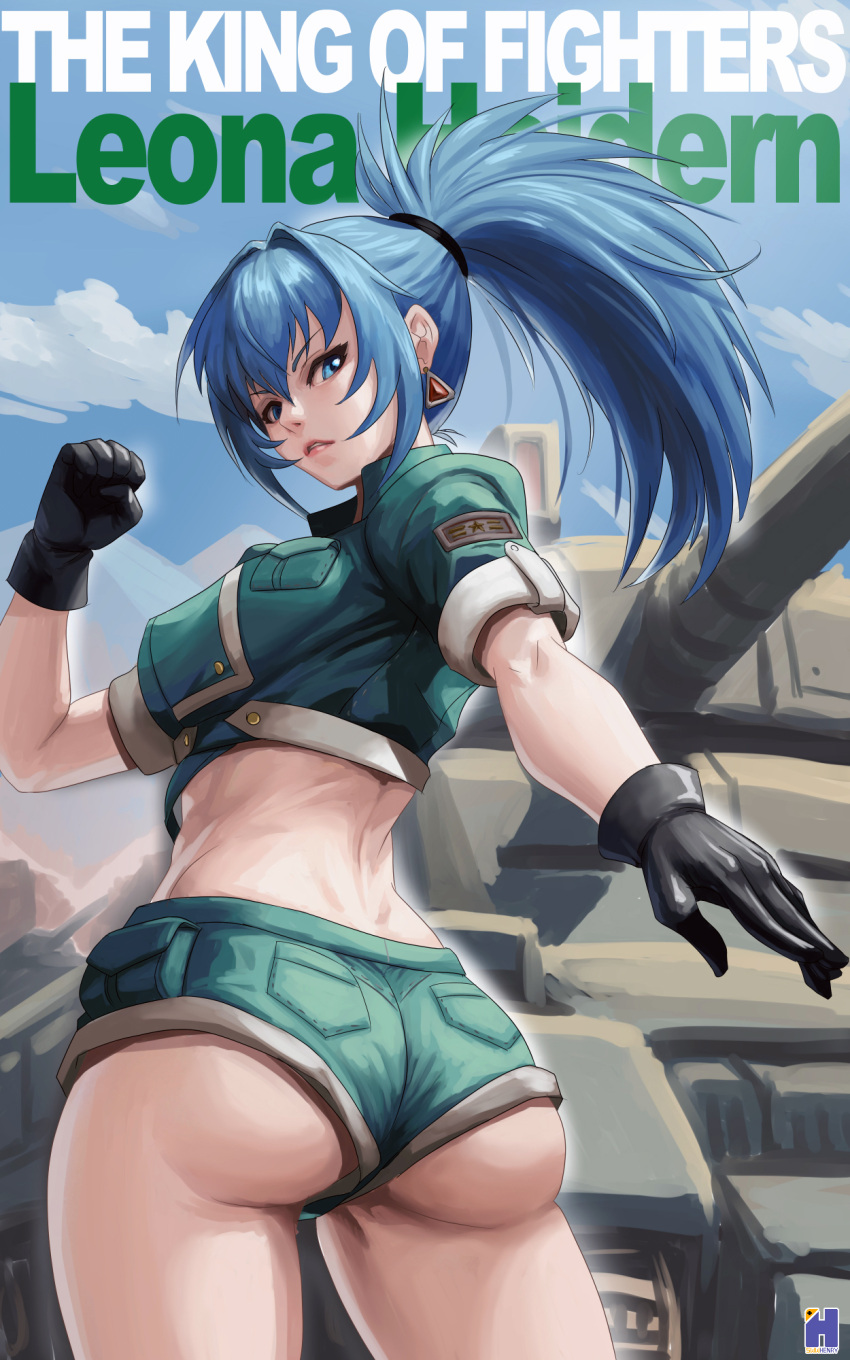 1girl ass ass_focus black_gloves blue_eyes blue_hair character_name earrings gloves green_jacket green_shorts highres jacket jewelry leona_heidern looking_back midriff military_uniform military_vehicle motor_vehicle ponytail shorts soldier solo swwhenry tank the_king_of_fighters thighs triangle_earrings twisted_torso uniform