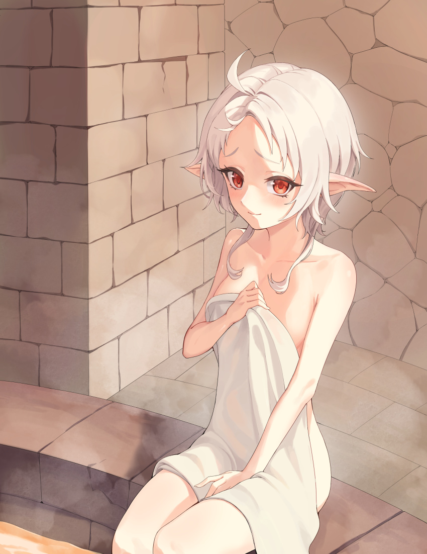 1girl absurdres ahoge aki_(user_mxzg2544) bath breasts elf highres indoors medium_breasts mushoku_tensei naked_towel pointy_ears red_eyes short_hair sitting soaking_feet solo sylphiette_(mushoku_tensei) towel white_hair