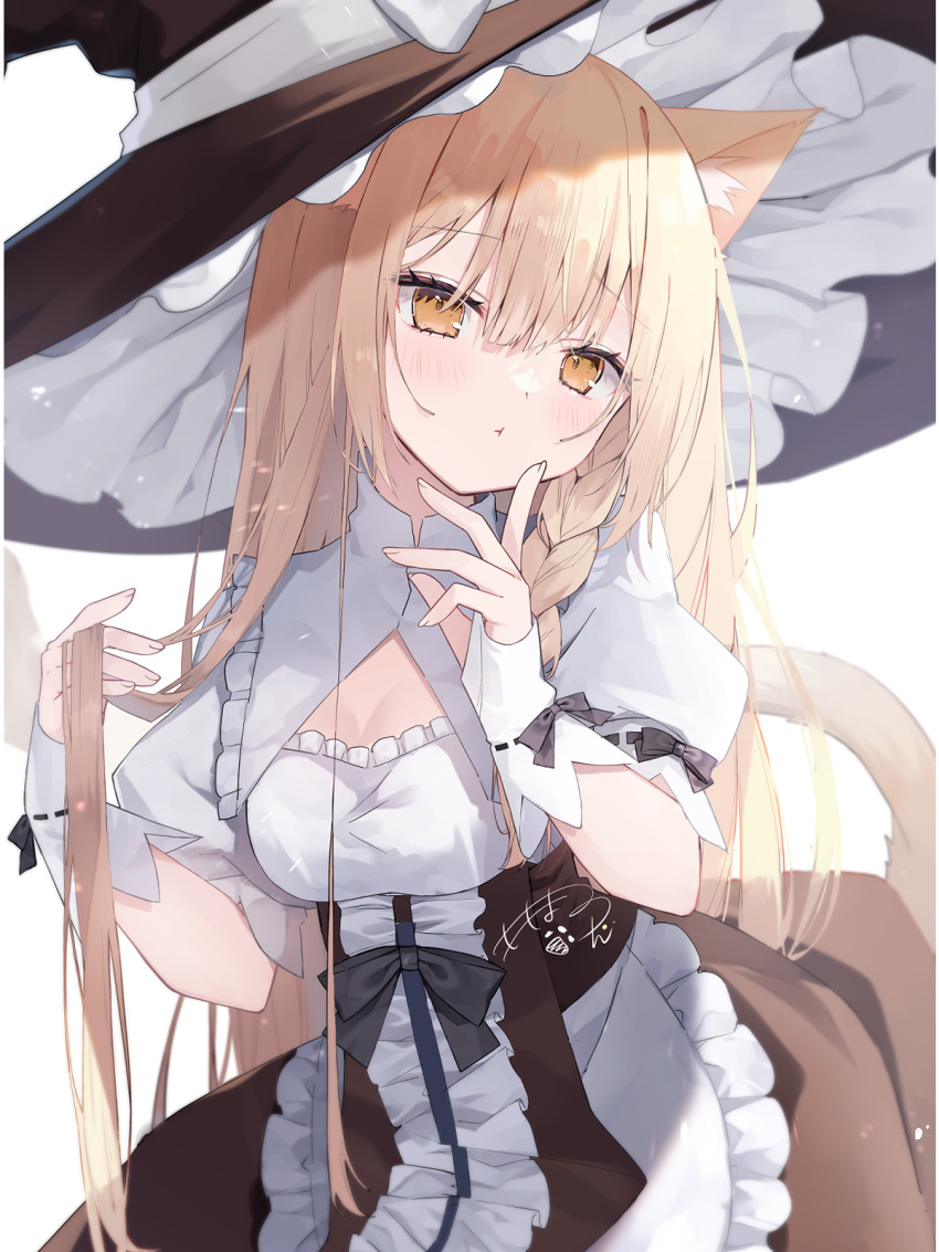 1girl :t animal_ears black_bow black_dress blonde_hair bow braid breasts cat_ears cat_girl cat_tail center_frills cleavage cleavage_cutout clothing_cutout commentary_request cowboy_shot dress fingerless_gloves frilled_headwear frills gloves hand_in_own_hair hands_up hat highres kemonomimi_mode kirisame_marisa long_hair looking_at_viewer momomaron orange_eyes puffy_short_sleeves puffy_sleeves shirt short_sleeves signature single_braid solo tail touhou very_long_hair white_gloves white_shirt witch_hat