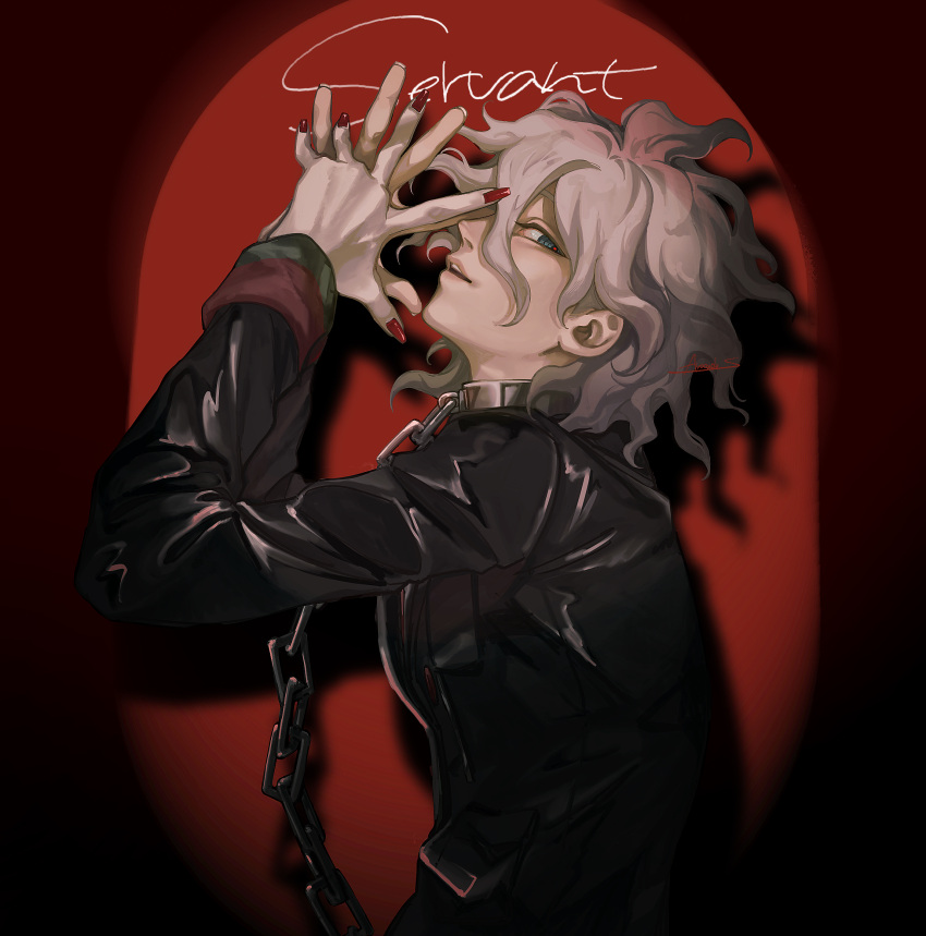 1boy black_jacket chain collar danganronpa_(series) danganronpa_another_episode:_ultra_despair_girls from_side grey_hair hair_between_eyes hands_up highres jacket kado_51 komaeda_nagito long_sleeves male_focus medium_hair metal_collar nail_polish own_hands_together red_background red_nails servant_(danganronpa) solo teeth upper_body upper_teeth_only