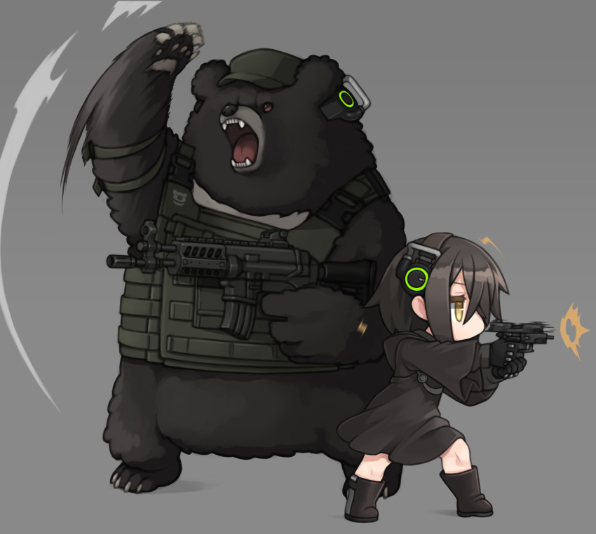 1girl animal assault_rifle bear black_hair boots daewoo_k5 ear_protection firing grey_background gun handgun highres holding holding_gun holding_weapon open_mouth original ran_system rifle sharp_teeth simple_background standing tactical_clothes teeth weapon yellow_eyes