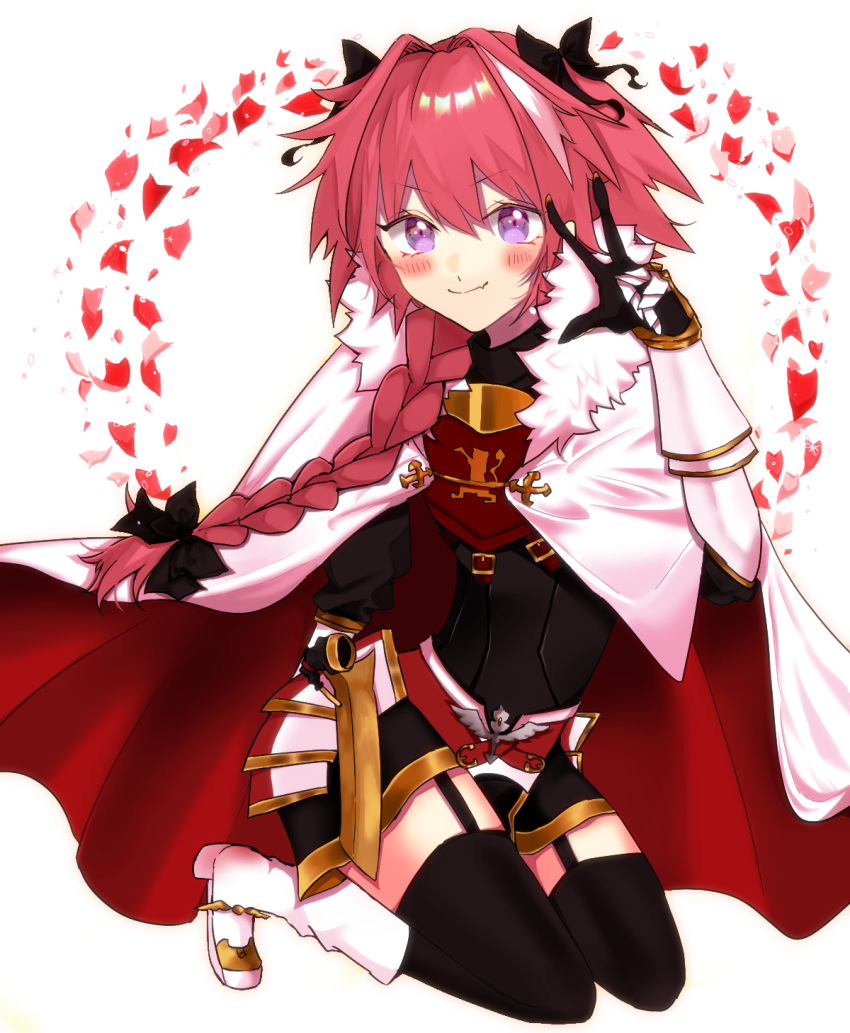 1boy amehara armored_skirt astolfo_(fate) bad_anatomy black_bow black_garter_straps black_gloves black_shirt black_thighhighs blush boots bow braid cape closed_mouth eyelashes fang fate/apocrypha fate_(series) fur-trimmed_cape fur_trim garter_straps gauntlets gloves hair_between_eyes hair_bow hair_intakes highres hip_armor horn_(instrument) kneeling long_braid long_hair male_focus multicolored_hair otoko_no_ko petals pink_hair purple_eyes red_petals rose_petals shirt single_braid skin_fang smile solo streaked_hair thighhighs two-sided_cape two-sided_fabric two-tone_hair v white_background white_cape white_footwear white_hair