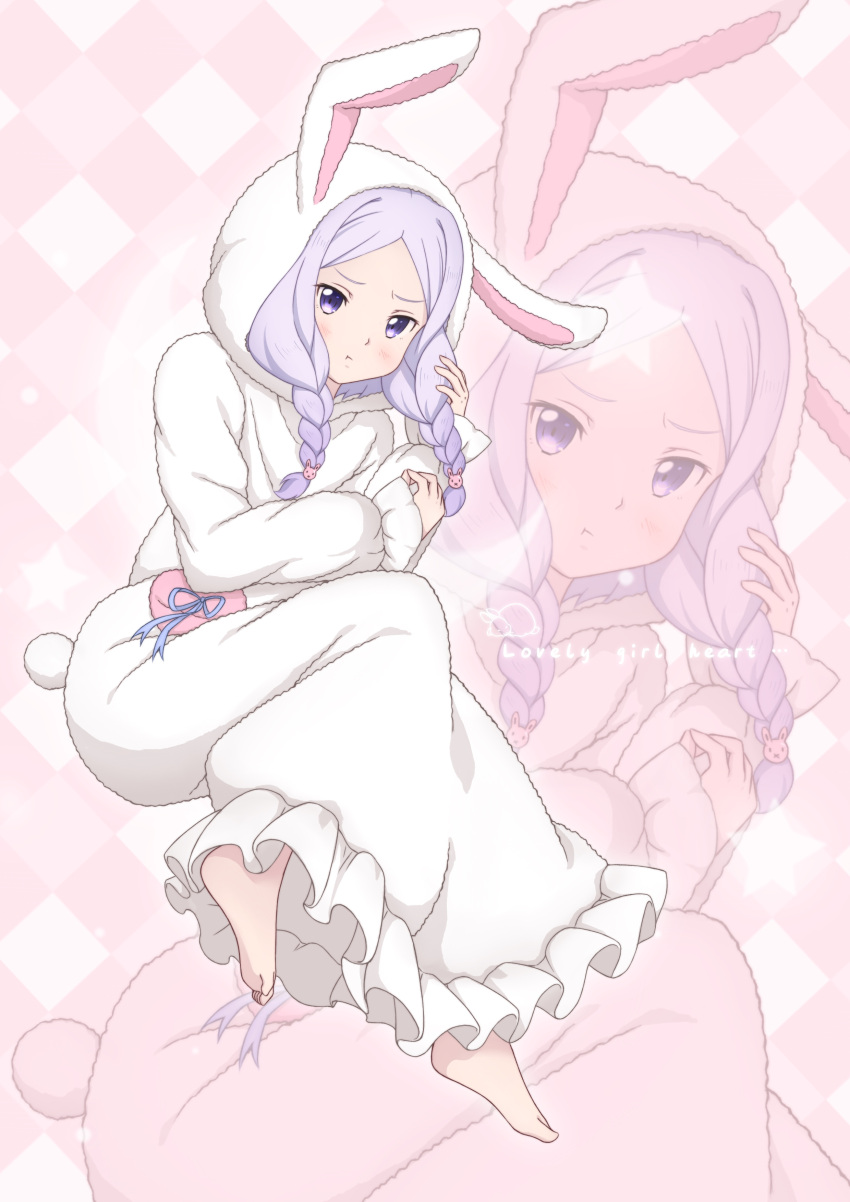 1girl absurdres alternate_costume animal_ears barefoot blue_ribbon braid chinese_commentary commentary_request english_text fake_animal_ears fake_tail full_body grid_background highres light_blush long_sleeves looking_at_viewer onesie pajamas peri_(qq2748089832) pink_background playing_with_hair playing_with_own_hair pout purple_eyes purple_hair quinella rabbit rabbit_ears rabbit_pajamas rabbit_tail recurring_image ribbon short_hair_with_long_locks solo star_(symbol) sword_art_online tail twin_braids white_pajamas